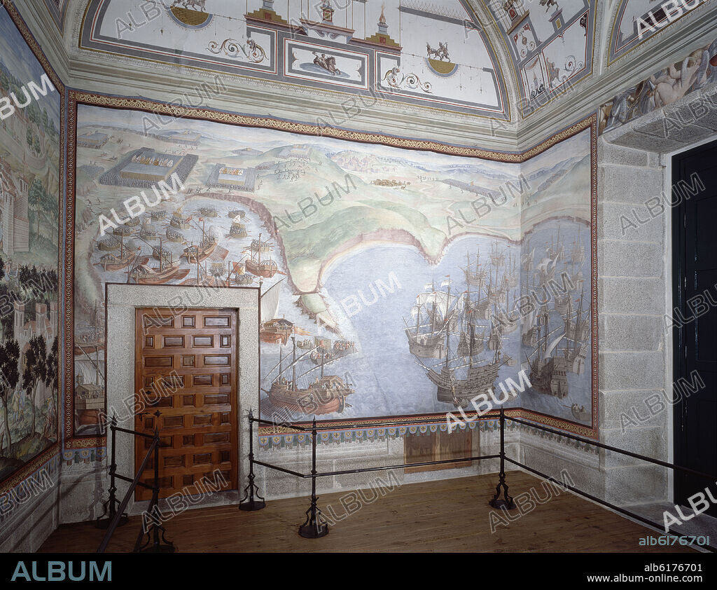 GRANELLO-TAVARON-CASTELLO Y CAMBIASSO. BATALLA NAVAL EN LAS AZORES (1571)- CONQUISTA DE LA TERCERA ISLA- PINTURA AL FRESCO 1585- RESTAURADA.