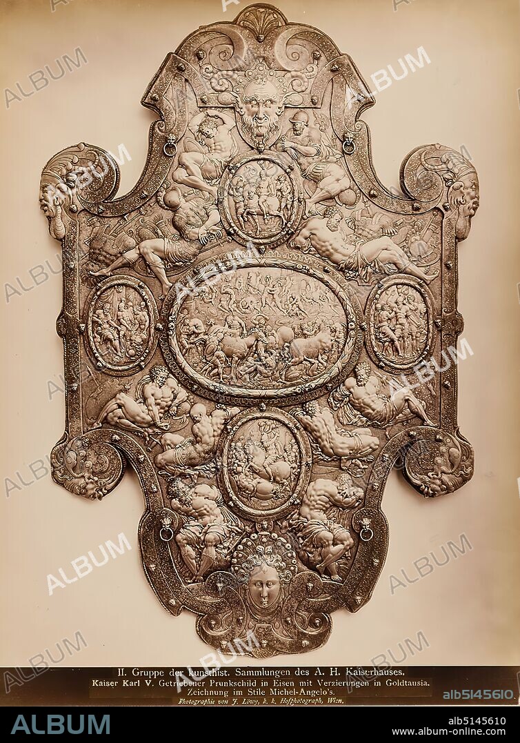 Josef Löwy, Emperor Charles V. Geared magnificent shield in iron with decorations in goldtausia. Drawing in the style of Michel-Angelo`s, albumin paper, black and white positive process, picture size: height: 28 cm; width: 21 cm, inscription: recto and: exposed into the picture: II. group of the kunsthist. Collections of the A. H. imperial family, Emperor Karl V. Geared shield in iron with decorations in goldtausia, Drawing in the style of Michel-Angelo, Photography by J. Löwy, Imperial and Royal Court Photographer, Vienna; recto handwritten in lead on the cardboard: old inventory no, Vienna, photography, shield (weapons).