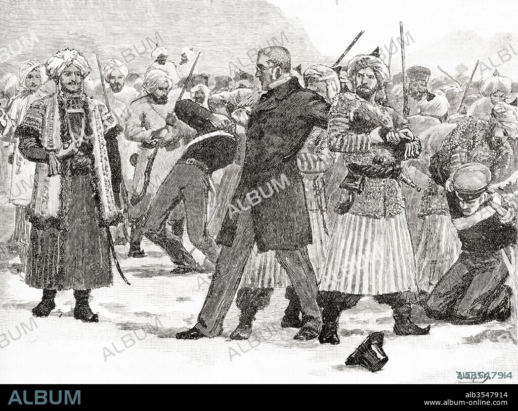 The capture of Sir William Hay Macnaghten and his party by the Afghan Prince, Akbar Khan, December 1841. They were later assassinated. Sir William Hay Macnaghten, 1st Baronet, 1793 – 1841. British civil servant in India, who played a major part in the First Anglo-Afghan War. From The Century Edition of Cassell's History of England, published c. 1900.