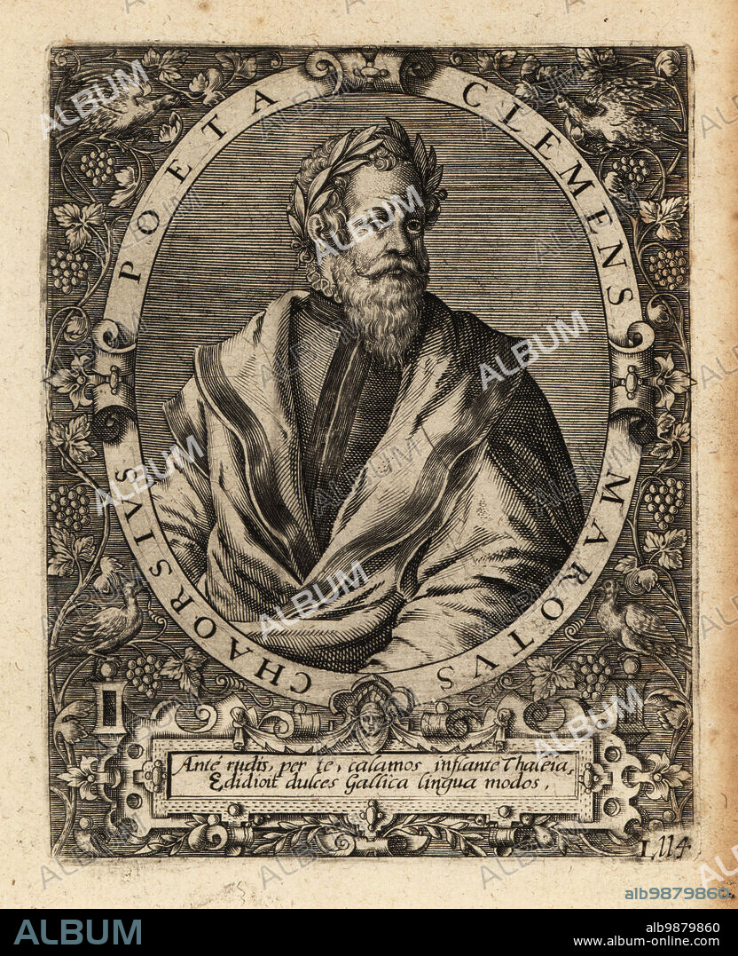 Clement Marot, French Renaissance poet 1496-1544. Clemens Marotus Chaorsius Poeta. Copperplate engraving by Johann Theodore de Bry from Jean-Jacques Boissards Bibliotheca Chalcographica, Johann Ammonius, Frankfurt, 1650.