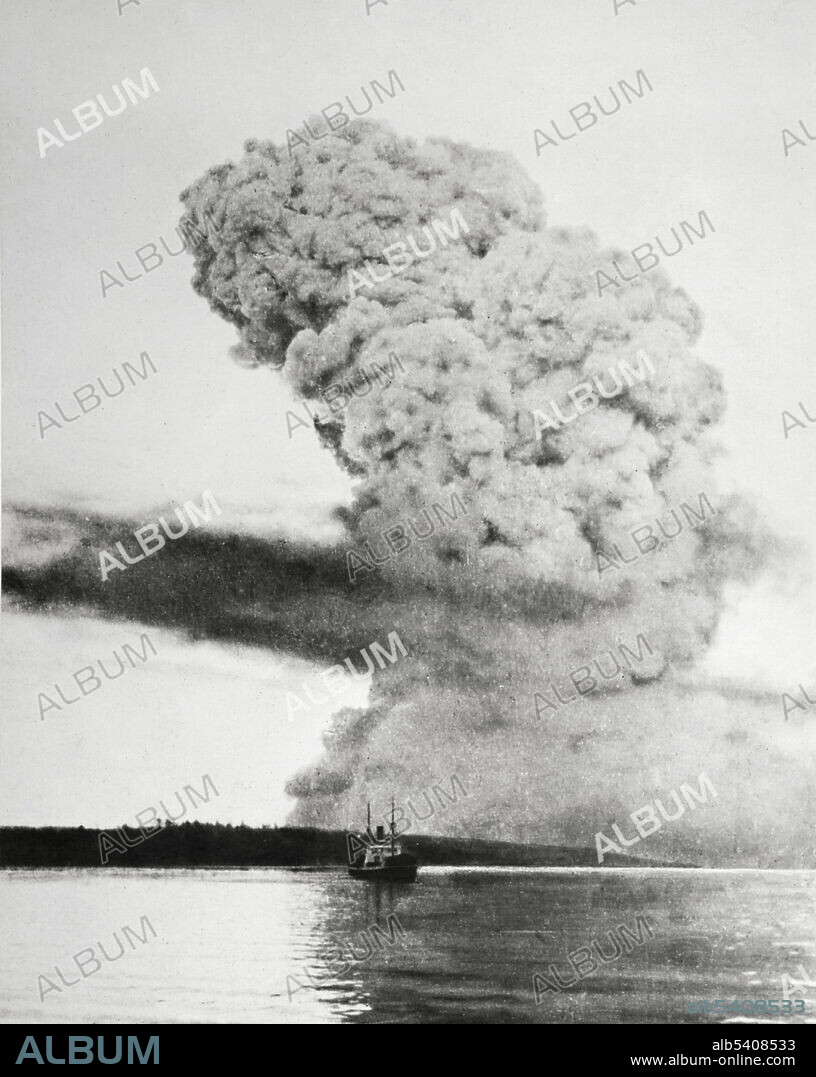 A view of the pyrocumulus cloud from the Halifax explosion, taken thirteen miles away and fifteen seconds after detonation. The Halifax Explosion occurred in Halifax, Nova Scotia, Canada, on December 6th, 1917, when the Mont-Blanc, a French cargo ship carrying high explosives, collided with another ship near Halifax Harbour. A fire on board the Mont-Blanc caused a massive explosion that destroyed a large section of Halifax, killing 2,000 people and injuring 9,000.