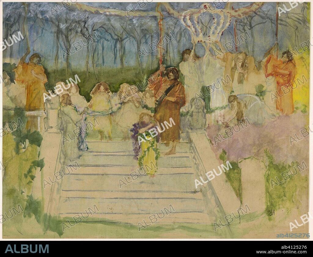 Tableau vivant on the occasion of Queen Wilhelmina's wedding in 1901. Draughtsman: Pieter de Josselin de Jong. Dating: 1871 - 1906. Measurements: h 468 mm × w 605 mm.