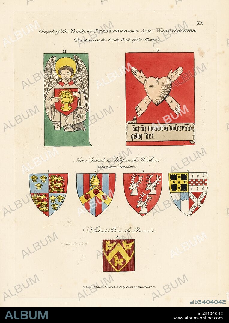 An angel holding a shield with chalice and wafer M, the five wounds of Christ N, and various heraldic shields. Paintings on the south wall of the Chancel. Handcoloured etching drawn and etched by Thomas Fisher from his Paintings on the Walls of the Chapel of the Trinity, Stratford upon Avon, 1808.