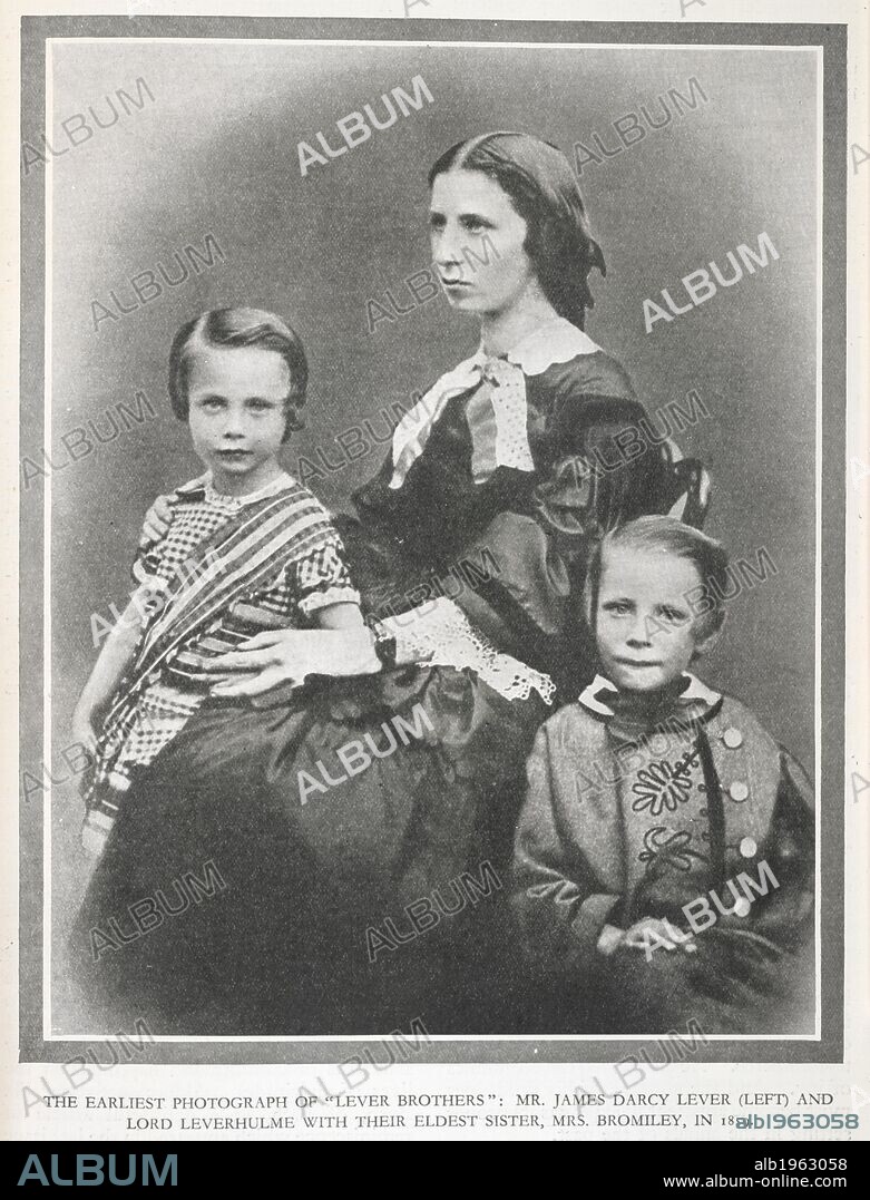 The Lever brothers. Progress. (Lever Brothers' Magazine.) vol. 1. no. Port Sunlight, 1900. The earliest photograph of Lever brothers; Mr. James Darcy Lever (left) and Lord Leverhulme with their eldest sister, Mrs. Bromiley, in 1859.' Leverhulme, William Hesketh Lever, 1st Viscount (1851-1925). English soapmaker and philanthropist.  Image taken from Progress. (Lever Brothers' Magazine.) vol. 1. no. 4, etc. Jan. 1900, etc.  Originally published/produced in Port Sunlight, 1900. . Source: P.P.1423.dic,. Language: English.