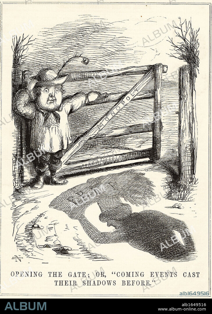 Abolition of the Corn Laws: Robert Peel (1788-1850), Conservative protectionist Prime Minister, opening the gate to Free Trade and the Anti-Corn Law League. The shadow is that of Richard Cobden (1804-1865). Cartoon from 'Punch', London, 1845.