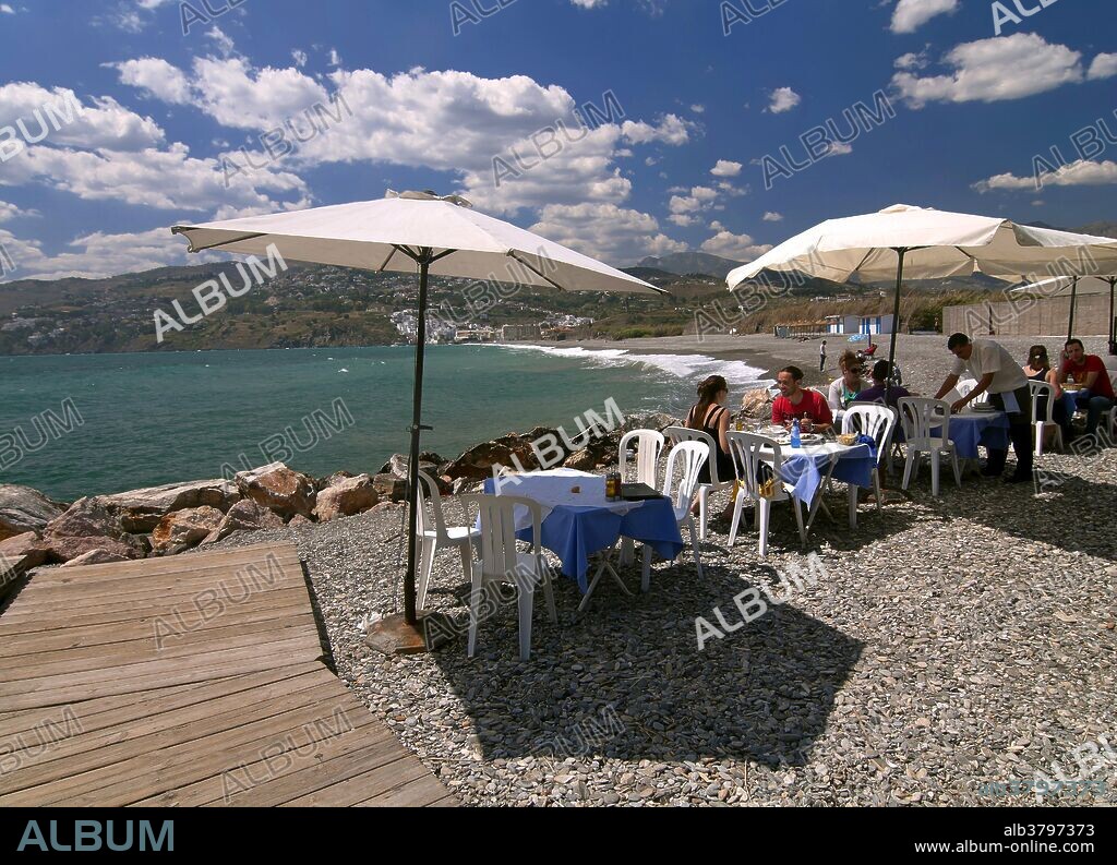 Peñon beach -restaurant, Salobreña, Granada province, region of Andalusia, Spain, Europe.