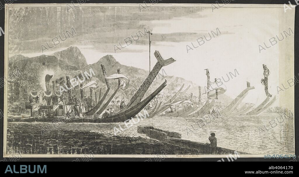 [LH of drawing] War canoes of Otaheite [Tahiti]. Drawn by William Hodges during Captain Cook's second visit to Tahiti, between 22 April and 14 May 1774. A collection of large Drawings in Indian ink, made by Wm. Hodges,. during the second voyage of Capt. Cook, in 1772-1774. 1774. Source: Add. 15743, f.8. Language: English.