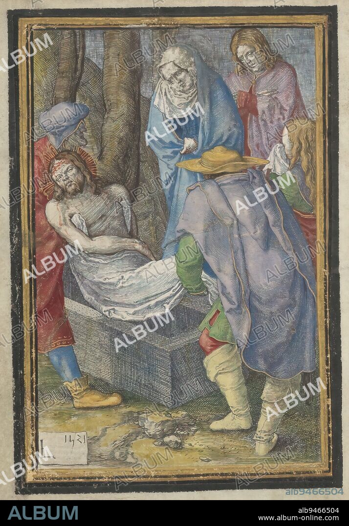 Entombment, Passion of Christ (series title), Joseph of Arimathea and Nicodemus lift the body of Christ into the tomb. In the background are Mary, John and Mary Magdalene. This print is part of a handwritten prayer book., print maker: Lucas van Leyden, (mentioned on object), after own design by: Lucas van Leyden, Leiden, 1521, paper, engraving, height 149 mm × width 105 mm.