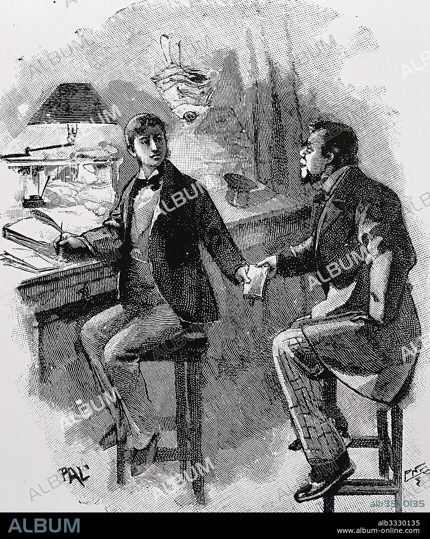 Clerk at his desk in an office in Victorian London, passing a message to a messenger, 1884.