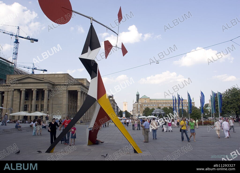 Alexander Calder's mobile statue, and people on Konigstrasse, (King street), pedestrianised main shopping street, Stuttgart, Baden Wurttemberg, Germany, Europe.