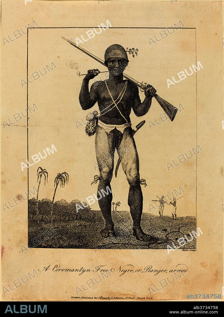 WILLIAM BLAKE AFTER JOHN GABRIEL STEDMAN. A Coromantyn Free Negro, or Ranger, armed. Dated: 1793. Medium: engraving.