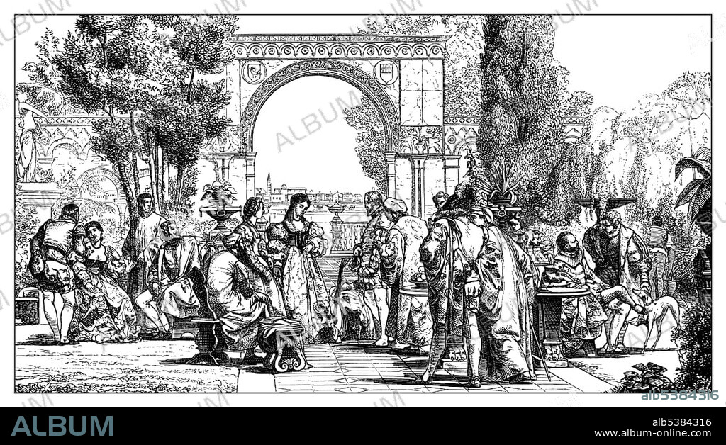 Italian court of muses at the time of the Gaspara Stampa, 1523 - 1554, an Italian poet and courtesan, historic engraving from the Buch denkwuerdiger Frauen or book of memorable woman, published by Otto Spamer, 1877