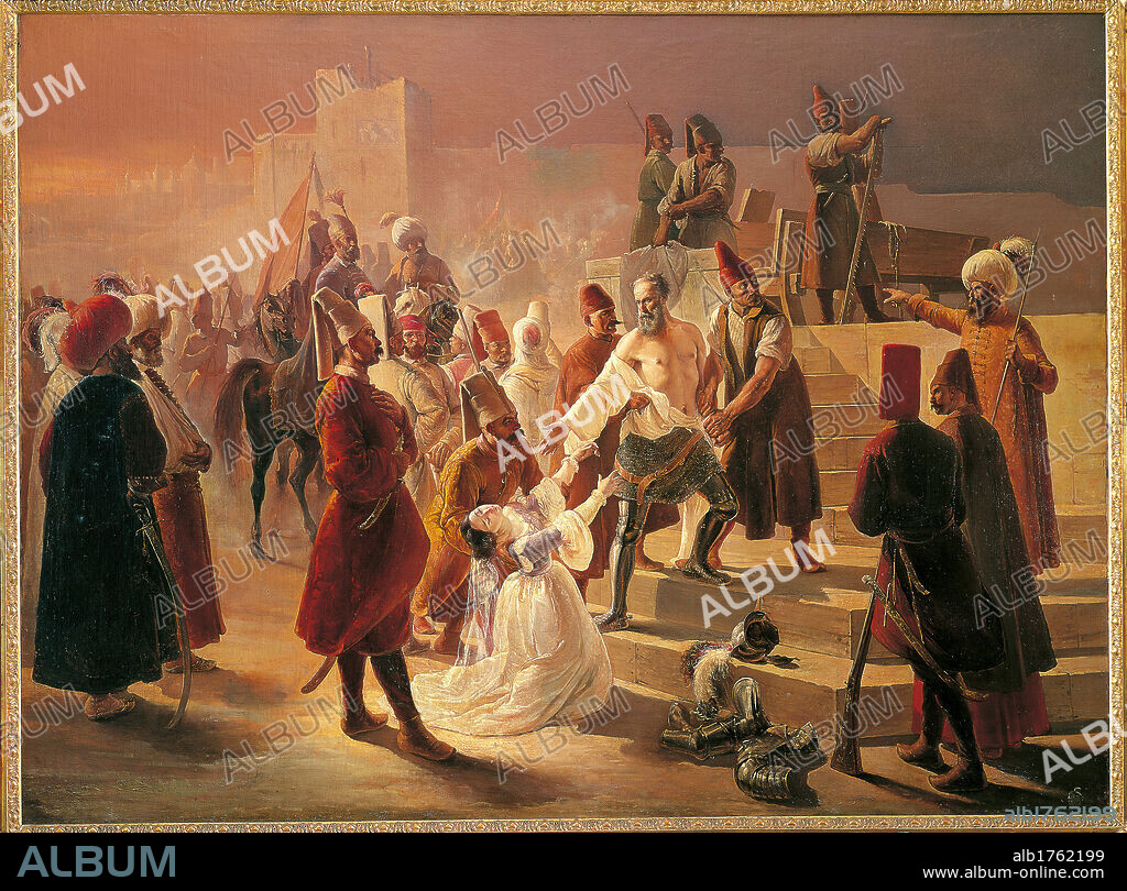 Paolo Erizzo, by Cherubino Cornienti, 1842, 19th Century, oil on canvas, cm 166 x 223. Italy, Lombardy, Milan, private collection. All. Execution condemned executioner saw block father daughter goodbye Turks turbans fez headdresses armor helmet feather stairs staircase flag rifles white red ochre.