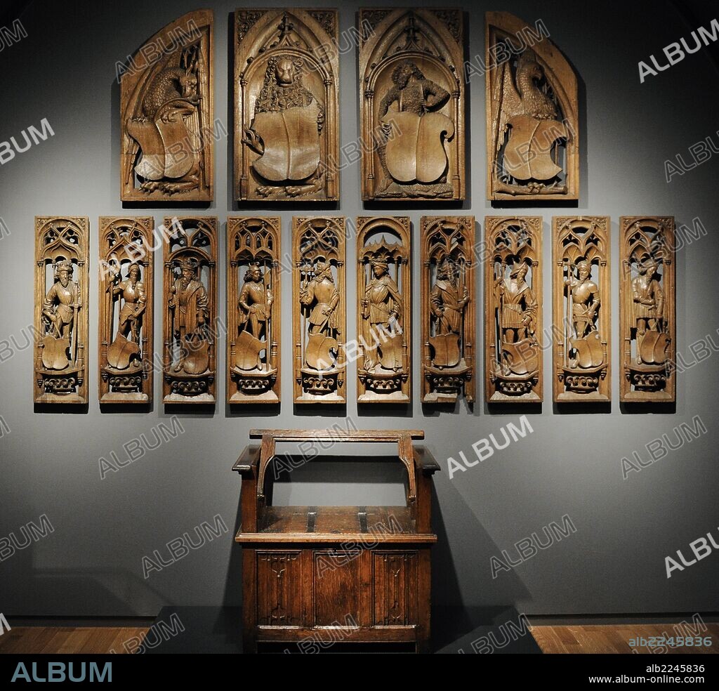 ARTE. GOTICO. MEDIEVAL. HOLANDA. Paneles en relieve que decoran la caja del órgano medieval en la iglesia de San Vito en Naarden. Artista, Jan van Eerstensz Schayck (1470-1527). Utrecht, 1510-1520. Banco de madera de roble, hacia el 1500. Rijksmuseum. Amsterdam. Países Bajos.