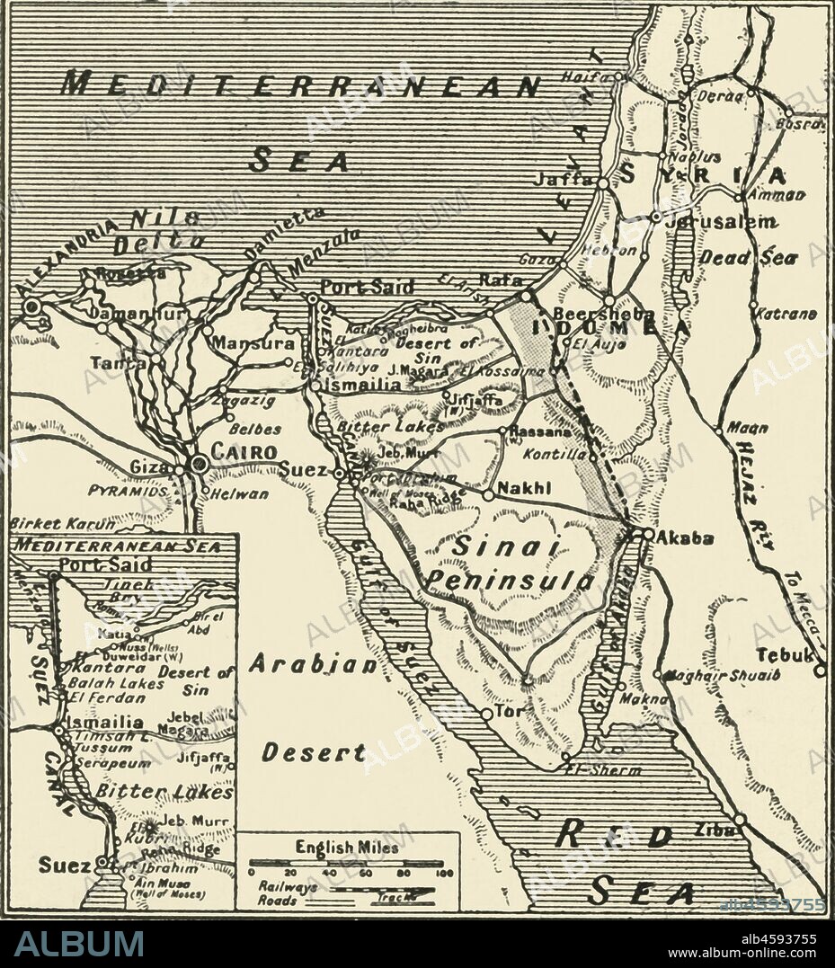 'Map of Egypt and the Sinai Peninsula', 1917. Fighting began in January 1915, when a German-led Ottoman force invaded the Sinai Peninsula, then part of the British Protectorate of Egypt, to raid the Suez Canal. From "The War Illustrated Album De Luxe - Volume VII. The Autumn Campaign of 1916", edited by J. A. Hammerton. [The Amalgamated Press, Limited, London, 1917].