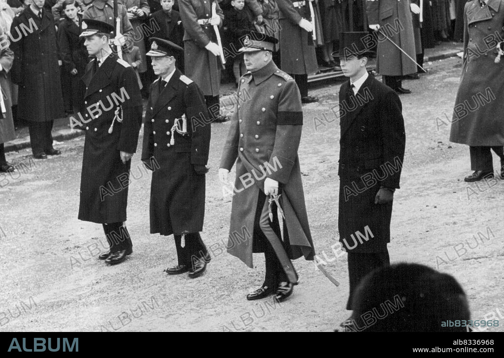 The Funeral Procession of The Late Queen Mary -- The four Royal Dukes following the coffin as the cortege passes through the Mall to Westminster. Left to right: The Duke of Edinburgh: the Duke of Windsor: the Duke of Gloucester: the Duke of Kent. From Marlborough House to Westminster Hall for the Lying-in-State. March 29, 1953. (Photo by Sport & General Press Agency, Limited).