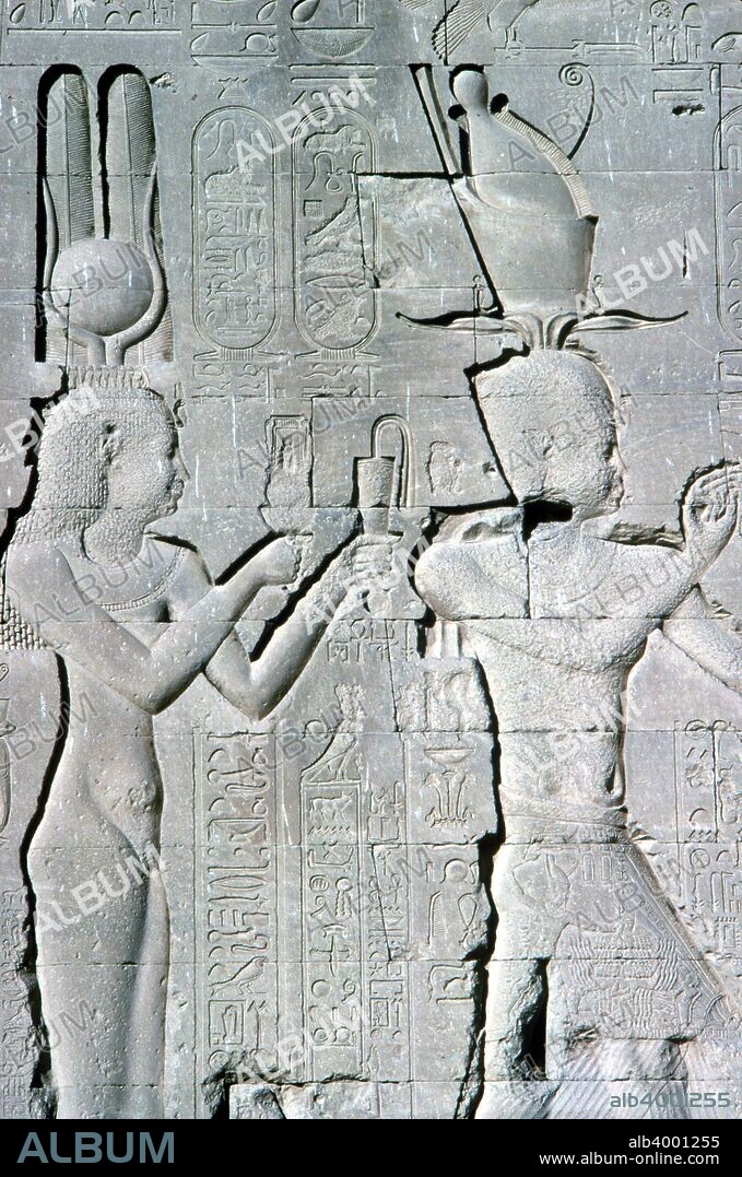 Vertical detail of a Relief of Cleopatra VII and Caesarion (her son by Julius Caesar) offering to the gods, Temple of Hathor, Dendera, Egypt, late Ptolemaic and Roman, c125 BC- 60 AD. Temple of Hathor was dedicated to Hathor and Horus the Elder.