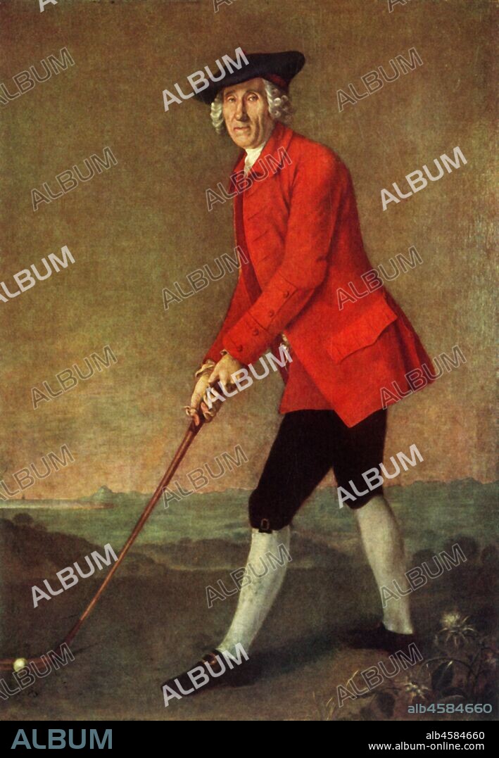 GEORGE CHALMERS. William St. Clair of Roslin, c1771, (1947). Portrait of Scottish golfer and archer William St Clair of Roslin, 21st Baron of Roslin (died 1778), as Captain of the Honorable Company of Edinburgh Golfers. From "British Clubs", by Bernard Darwin. [Collins, London, 1947].