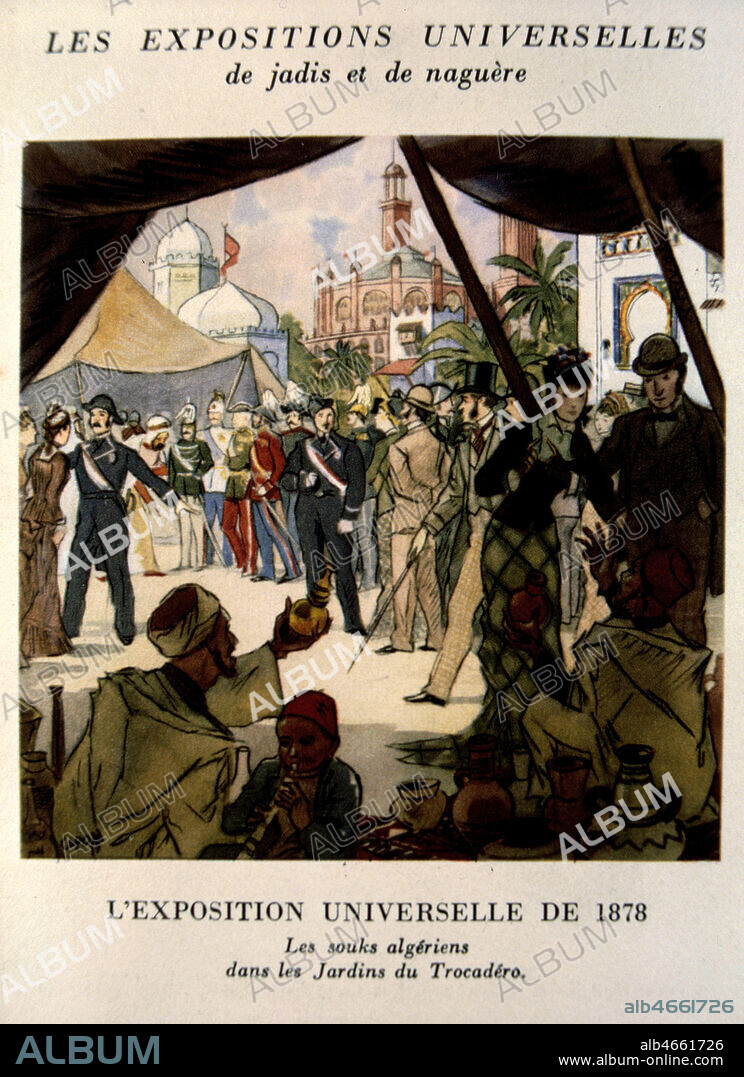 Exposition universelle de 1878 : les souks algeriens dans les jardins du Trocadero. Illustration de Georges CAPON (1890-1980)(ADAGP) issue d'une serie sur les Expositions Universelles de jadis et naguere. Coll. Perrin/KHARBINE-TAPABOR.