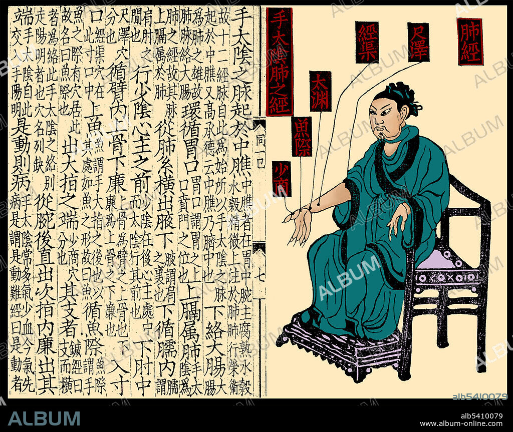 Woodblock illustration from an edition of 1909 (1st year of the Xuantong reign period of the Qing dynasty) showing points on the lung channel of arm taiyin. From the 11th century classic Bu zhu tongren shuxue zhenjiu tujing (Illustrated Acupuncture and Moxibustion Canon of the Bronze Man with Notes and Commentary) by Wang Weiyi. The labelled points are chize (Foot Marsh), jingqu (Channel Ditch), taiyuan (Great Abyss), yuji (Fish Border) and shaoshang (Lesser Shang). Library of Zhongguo zhongyi yanjiu yuan (China Academy of Traditional Chinese Medicine), Bu zhu tongren shuxue zhenjiu tujing (Illustrated Acupuncture and Moxibustion Canon of the Bronze Man with Notes and Commentary).