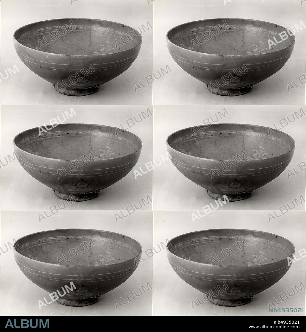 Bowl, Korea, Goryeo dynasty (9181392), Date late 13th century, Korea, Stoneware with inlaid decoration under celadon glaze, H. 3 1/2 in. (8.9 cm); Diam. 8 1/4 in. (21 cm), Ceramics.