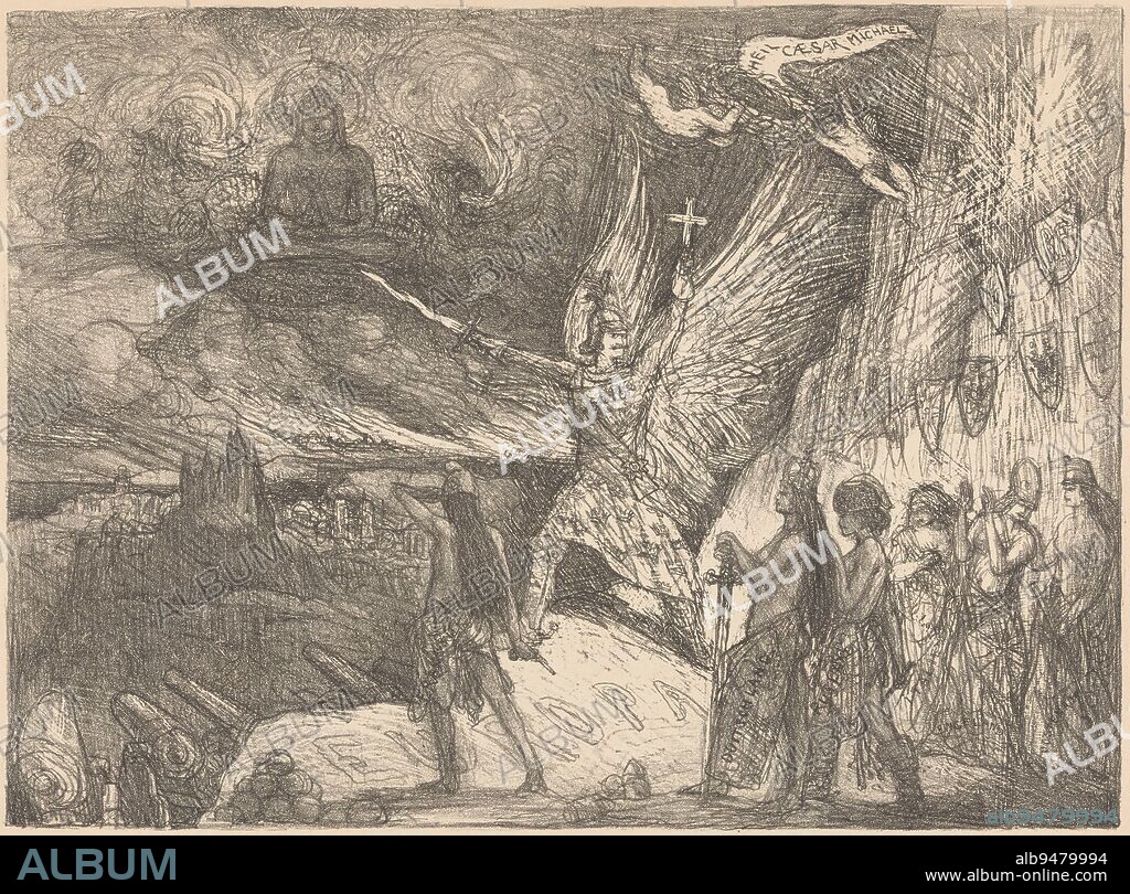 Hard times (an imperial print), Marius Bauer, 1895, Cartoon on the leadership role of German Kaiser Wilhelm II in building a new Europe. Wilhelm, as Archangel Michael, calls on the other European nations to follow him in building up the ruins of Europe. In the sky an image of Buddha and Chinese dragons symbolize the perceived Asian threat from the East. Appeared in the November 24, 1895 insert of 'The Chronicle., print maker: Marius Bauer, 24-Nov-1895, paper, h 340 mm × w 460 mm.