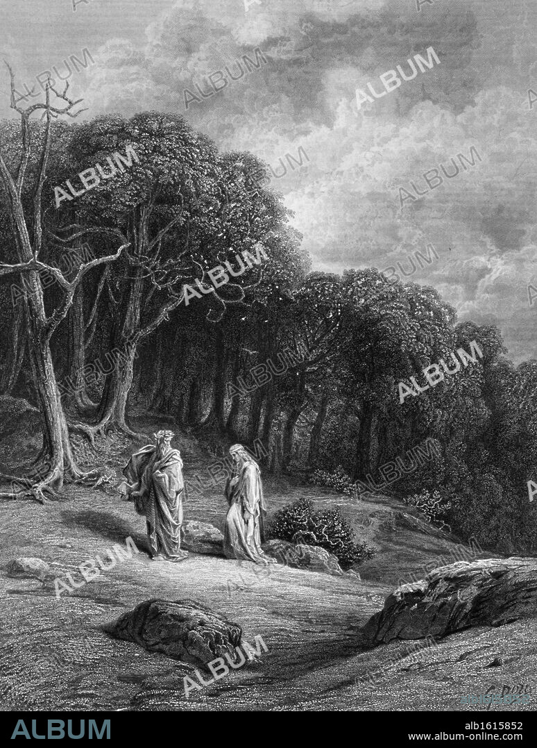 PAUL GUSTAVE DORÉ. Vivien and Merlin enter the woods,  by Gustave Dore,  from Idylls of the King,  (1832-1883),  USA,  Illinois,  Chicago,  Newberry Library.