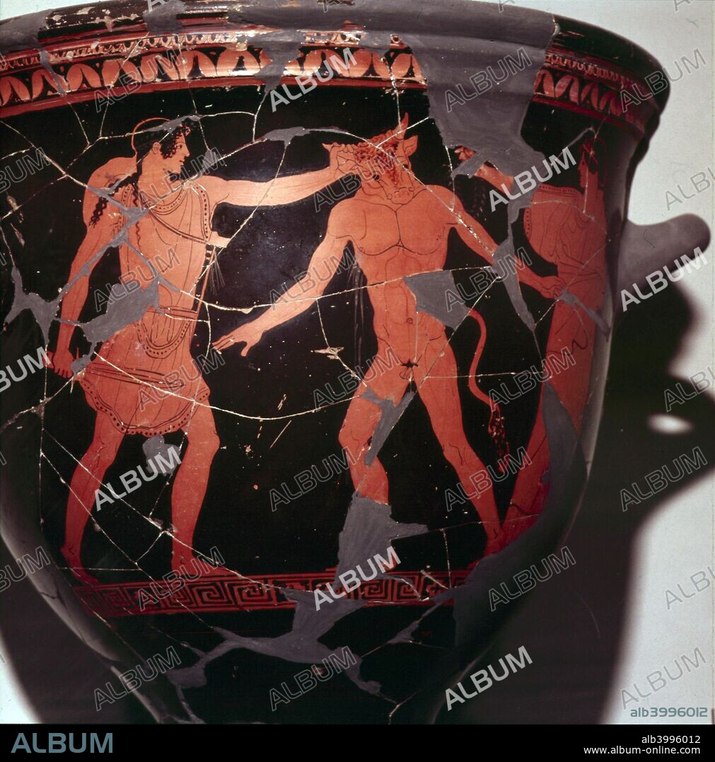 Theseus kills the Minotaur (with Ariadne present), Greek Vase painting, 5th Century BC.  Hermonax was a Greek vase painter working in the red-figure style. He painted between ca. 470 and 440 BC in Athens. At Argos Museum.