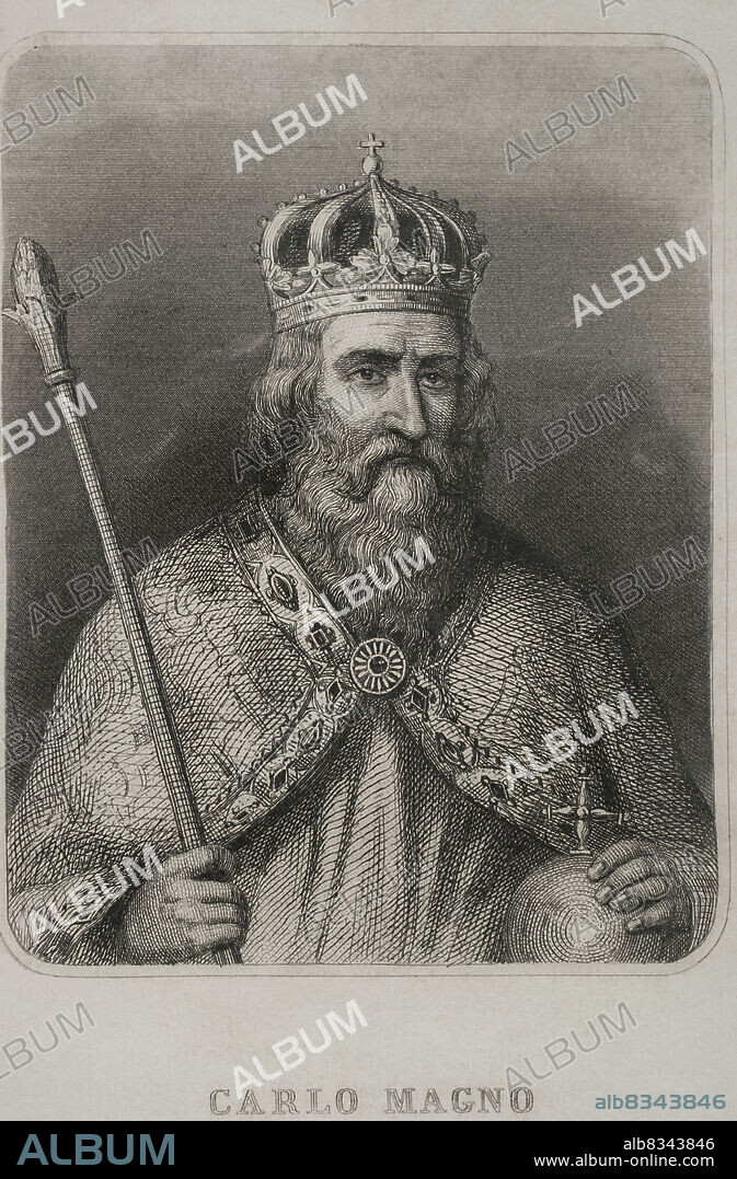 Carlomagno (742-814). Rey de los francos (768-814), de los lombardos (774-814) y emperador del Sacro Imperio Romano Germánico (800-814). Retrato. Grabado. Historia Universal, por César Cantú. Tomo III, 1855.
