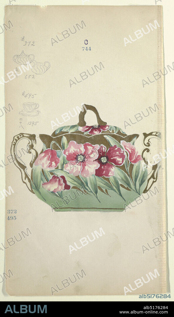 Design for a Sugar Bowl, Brush and watercolor, gold gouache, graphite on cream paper, Design for a sugar bowl with two looped handles; lid has a linked finial. Bowls rim is scalloped; large pink peonies (flowers) against gold and green ground. In graphite, three tableware designs with numbers and Japanese characters., Japan, 18801910, tableware designs, Drawing, Drawing.