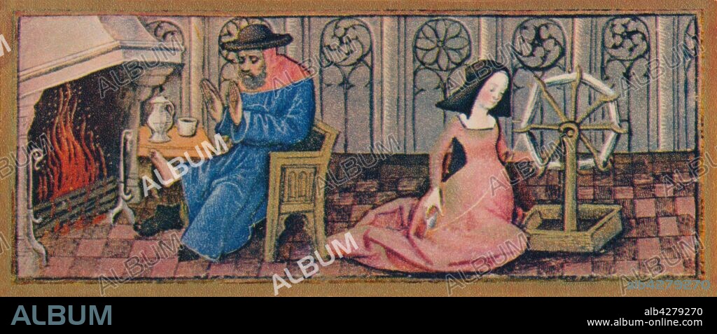 February - spinning, late 15th century, (1939). A man takes off his boots to warm his feet by the fire as a woman uses a wheel to spin thread. Detail of a page from the "Heures de Charles d'Angoulême", a book of hours commissioned by Charles of Orléans (1459-1496), with miniatures mostly painted by Robinet Testard, and now in the Bibliothèque nationale de France in Paris. Published in "Verve - No. 8, Vol. II". [Verve, France, 1939].