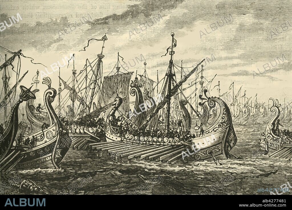 'Greek Triremes at the Battle of Salamis', 1890. Greek galleys at the Battle of Salamis, a naval battle fought between the Greeks under Themistocles and Persians under King Xerxes in 480 BC  From "Cassell's Illustrated Universal History, Vol. I - Early and Greek History", by Edmund Ollier. [Cassell and Company, Limited, London, Paris and Melbourne, 1890].