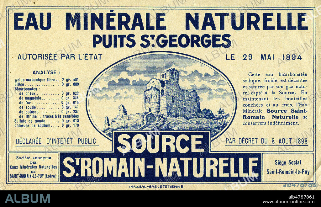 'Eau minerale naturelle puits St Georges, source St Romain naturelle'. Illustration anonyme pour une etiquette vers 1900, 16x9 cm. Credit : Collection IM/KHARBINE-TAPABOR.