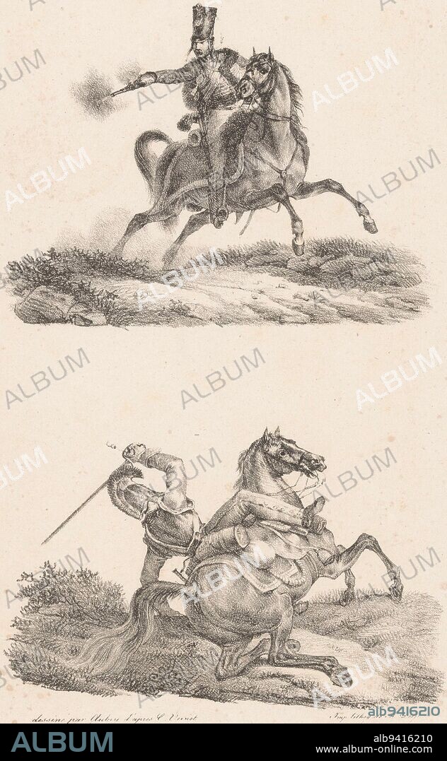 Two representations showing a soldier firing a shot from his horse and a soldier falling off his horse with a drawn sword, Soldier on horseback fires a shot and soldier falls off his horse, print maker: Charles Aubry, (mentioned on object), Carle Vernet, (mentioned on object), printer: François Séraphin Delpech, (mentioned on object), Paris, 1823 - 1824, paper, h 368 mm × w 279 mm.