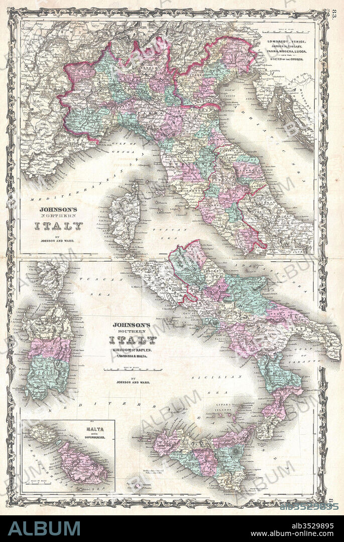 1862, Johnson Map of Italy, Naples and Sicily.