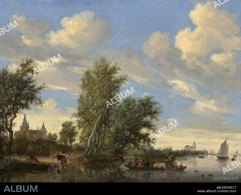 SALOMON VAN RUYSDAEL. River Landscape with Ferry. Date/Period: 1649. Painting. Oil on canvas. Height: 1,015 mm (39.96 in); Width: 1,348 mm (53.07 in).