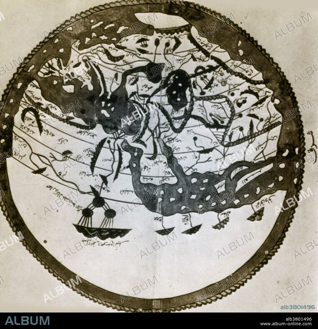 Arab geographers understood the outlines of Asia, Europe and North Africa by VI/12th century; their knowledge was summed up by the great atlas of al-Idrisi of 549/1154. It places south at the top; the map is inverted to make it easily recognizable.