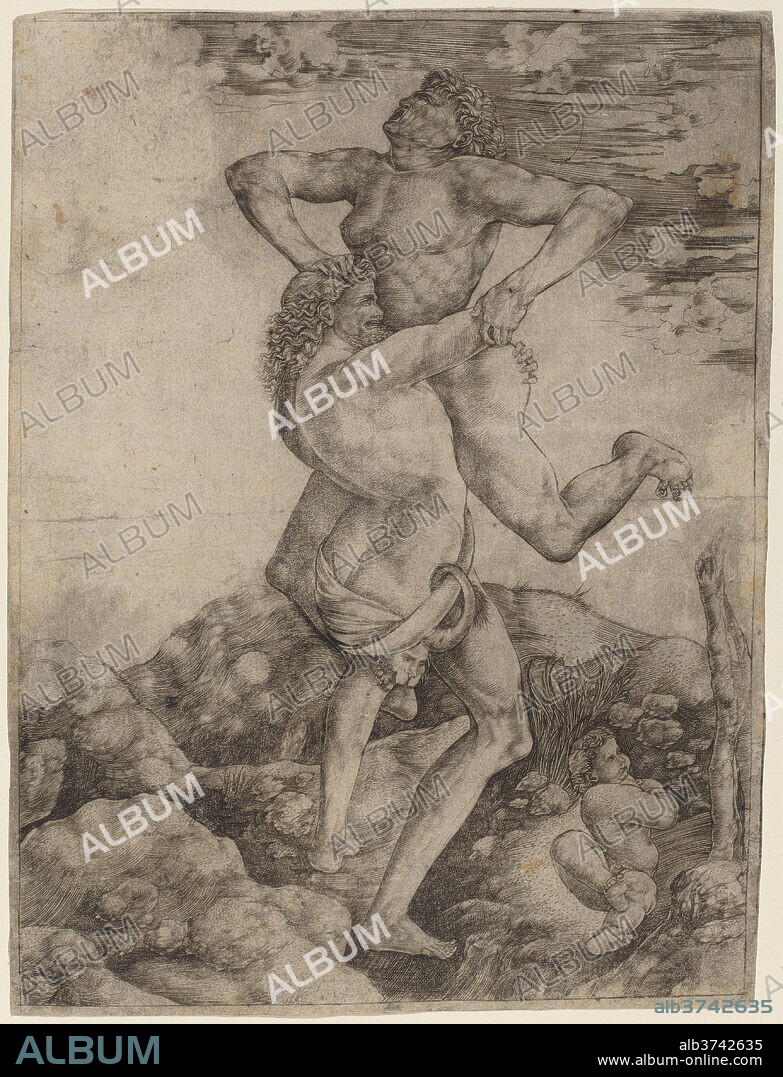 CRISTOFANO ROBETTA, AFTER ANTONIO DEL POLLAIUOLO. Hercules and Antaeus. Dated: c. 1500. Dimensions: sheet (trimmed to plate mark): 26.7 x 19.9 cm (10 1/2 x 7 13/16 in.). Medium: engraving on laid paper.