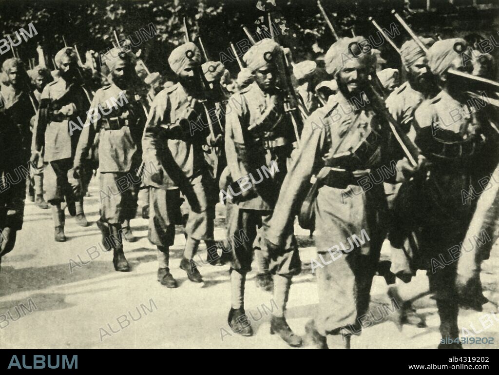 Indian soldiers in France, First World War, 1914, (c1920). A Sikh regiment on the march. Over one million Indian troops in the British Indian Army (of the Raj) fought in the European, Mediterranean and the Middle East theatres of war. At least 74,187 Indian soldiers died, with 67,000 wounded. From "The Great World War - A History" Volume I, edited by Frank A Mumby. [The Gresham Publishing Company Ltd, London, c1920].