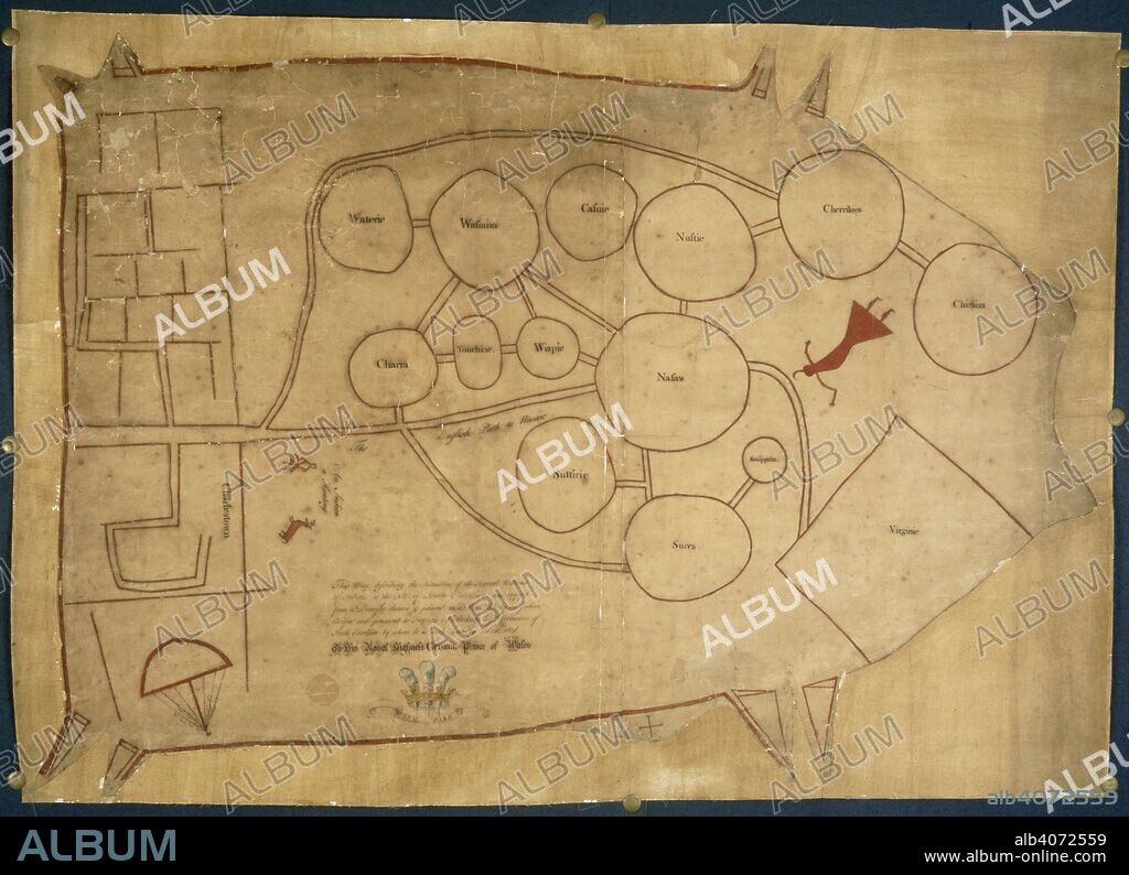 [Whole map] Map of Native Indian lands. Sketch map, probably copied from a Native Indian map, illustrating with diagrams the areas occupied by the different tribes near Charlestown [Charleston], in the north-west of South Carolina. Presented to Francis Nicholson, Governor of South Carolina, who dedicated it to George, Prince of Wales. N. America [South Carolina]; circa 1721-1725. Source: Sloane 4723,. Language: English.