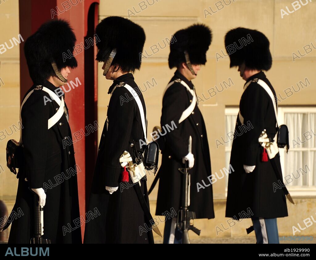 Changing of the royal guard at Amalienborg Palace. Copenhagen. Denmark.