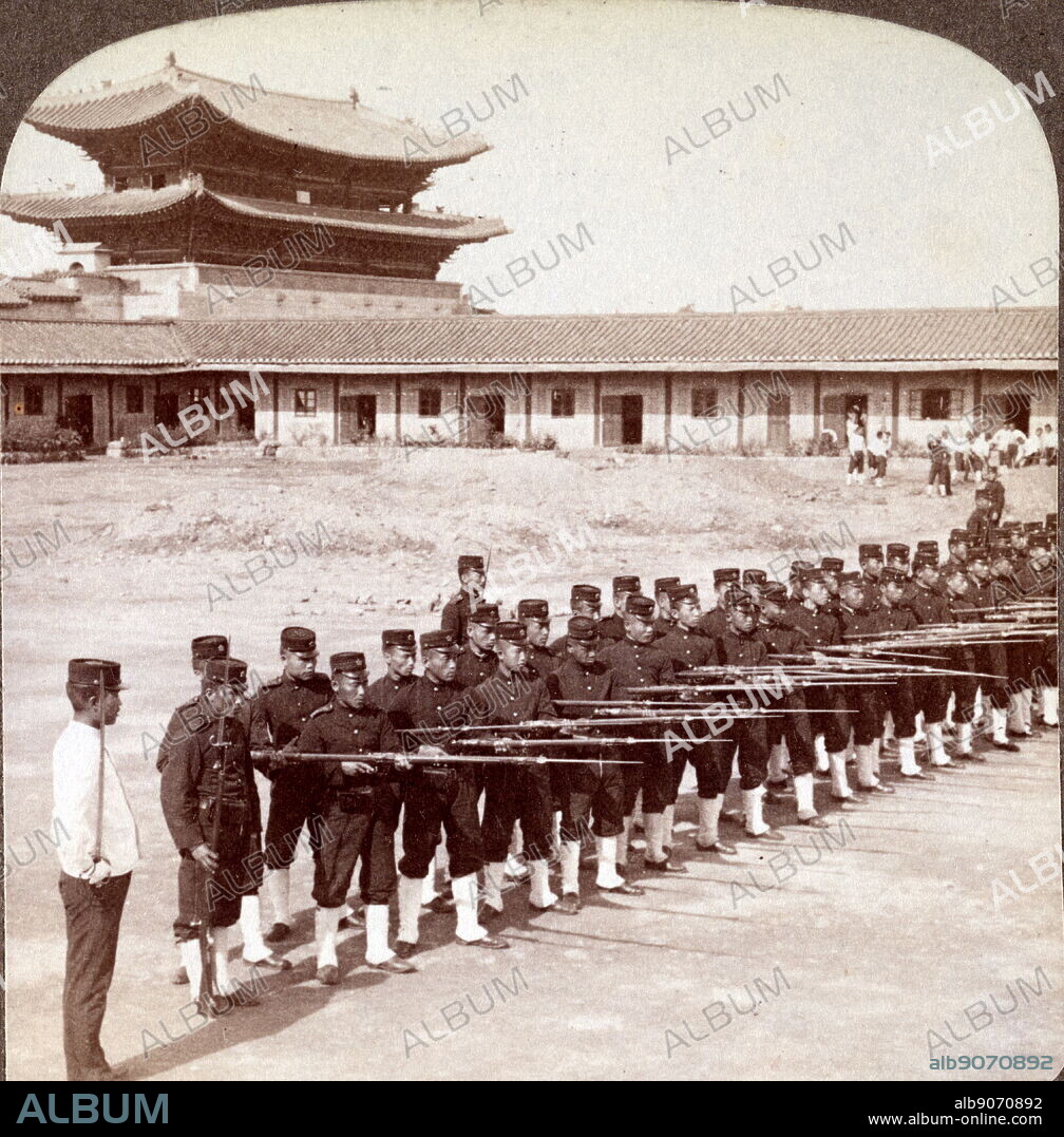 Joseon Era, Korea, 1890-1900. Scene showing Royal Guards in rifle practice at Gyeongbokgung Palace, Seoul.