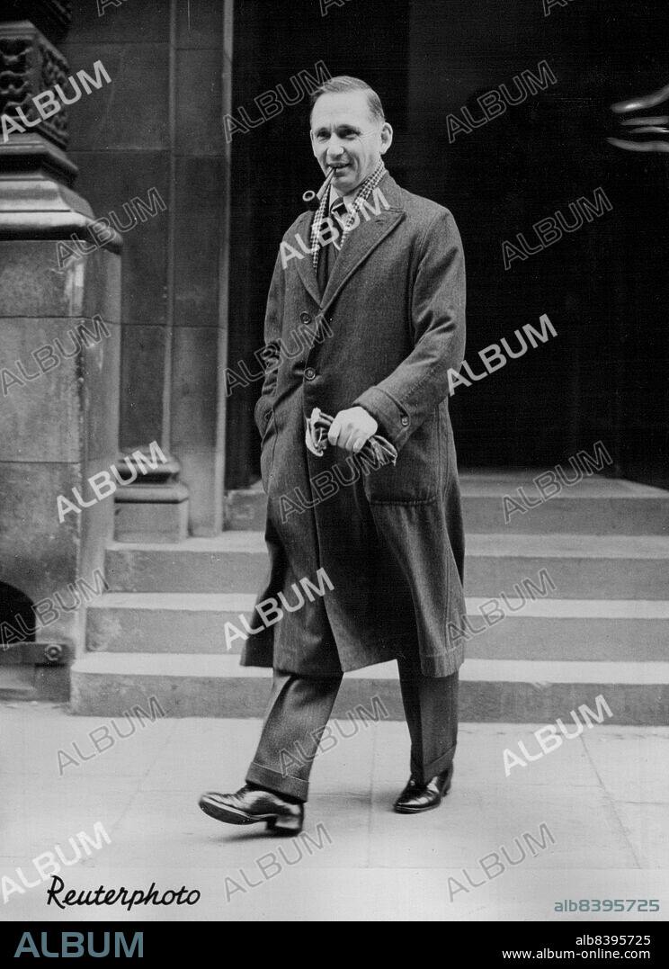 Exit Lord Tedder -- Wearing civilian clothes and clenching the familiar pipe, Marshal of the Royal Air Force Lord Tedder is seen as he left the Air Ministry in King Charles Street, London, S.W. for the last time to-day (Saturday). Lord Tedder, who has been Chief of the Air Staff since 1946, is now retiring from the Royal Air Force and going into radio as a new Governor of the British Broadcasting Corporation. December 31, 1949. (Photo by Reuterphoto).
