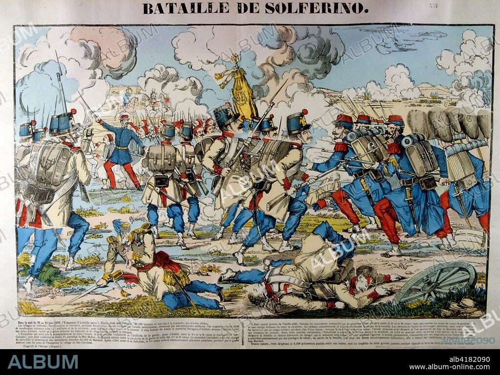 French illustration of the Battle of Solferino (referred to in Italy as the Battle of Solferino and San Martino) on 24 June 1859 resulted in the victory of the allied French Army under Napoleon III and Sardinian Army under Victor Emmanuel II (together known as the Franco-Sardinian Alliance) against the Austrian Army under Emperor Franz Joseph I. It was the last major battle in world history where all the armies were under the personal command of their monarchs.