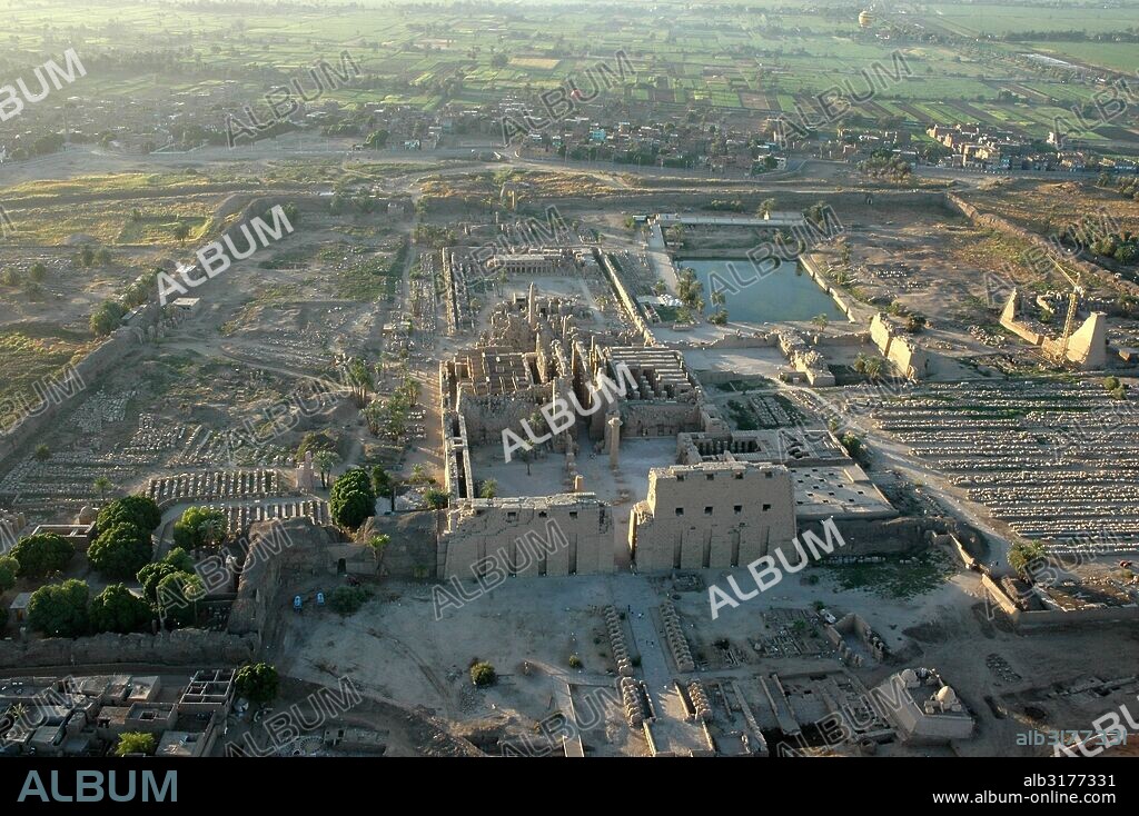 Aerial view of Karnak showing the 1st Pylon and the Great Hypostyle Hall in the foreground, the sacred lake in the background and the 8th and 9th Pylons to the right. Country of Origin: Egypt. Place of Origin: Karnak. Credit Line: Werner Forman Archive/ N. J Saunders.