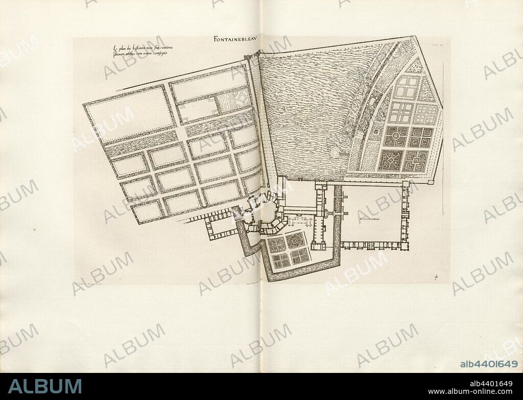 Fontainebleau. Bastiment's plan with its contents, Floor plan of Château de Fontainebleau in France, Signed: FD; Imp. Lemercier et Cie, A. Lévy (ed.), Fig. 11, T. 2. 10., Cerceau, Jacques Androuet du (del.); Faure-Dujarric, Pierre-Lucien (sc.); Lemercier (imp.); Levy, A. (ed.), 1868, Jacques Androuet du Cerceau; Hippolyte A. Destailleur: Les plus excellents bastiments de France. Paris: A. Lévy, Libraire-Editeur, M DCCC LXVIII - M DCCC LXX. [1868-1870].