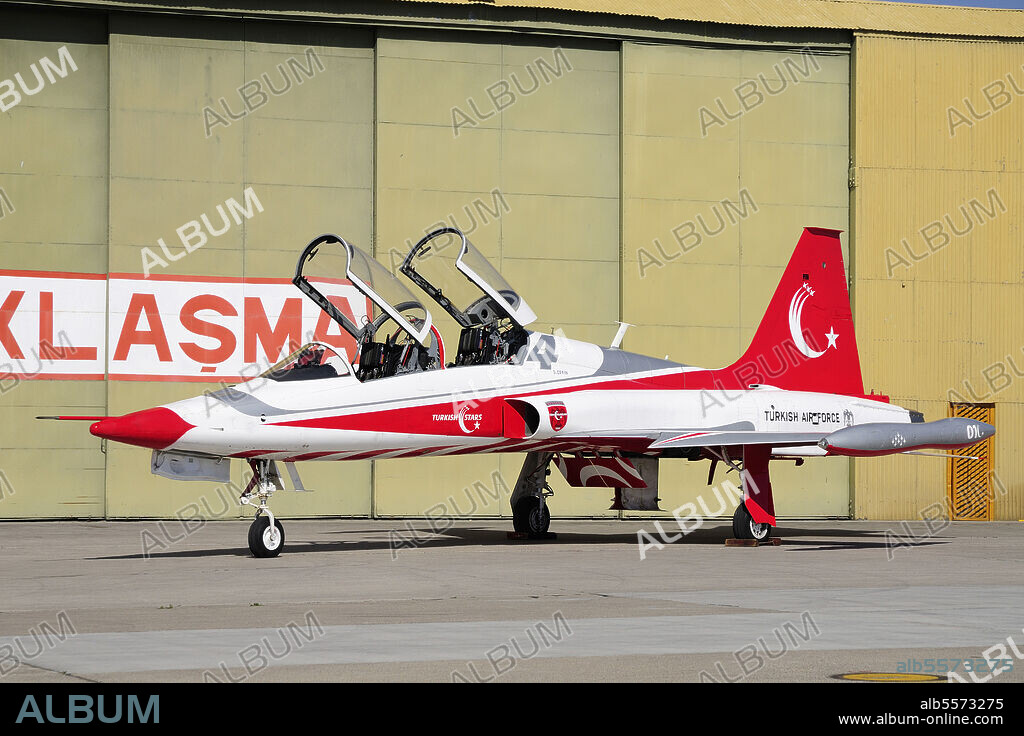 A Turkish Air Force F-5B-2000 Freedom Fighter in the Turkish Stars aerobatic team colors, at the international Exercise Anatolian Eagle 2013-2 in Konya, Turkey.