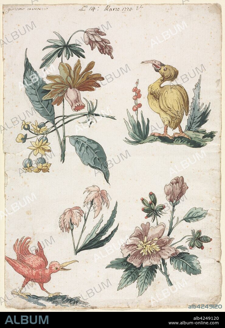 Floral Designs with Two Birds, 1774. Giacomo Cavenezia (Italian). Pen and brown ink, brush and brown wash, gouache and watercolor, over traces of black chalk; sheet: 31.7 x 22.8 cm (12 1/2 x 9 in.).