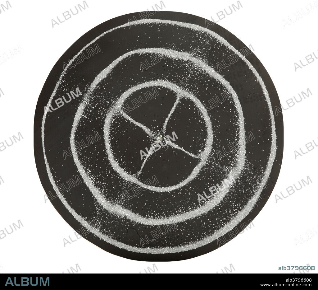 Chladni Oscillations are a standing wave pattern visualized by vibrating a metal plate. These formations, known as Chladni patterns, occur when fine particles, such as grains of sand or salt, form a unique pattern in response to pure tone vibrations such as musical notes. When the plate is driven at a resonate frequency the sand grains will collect in the nodes.