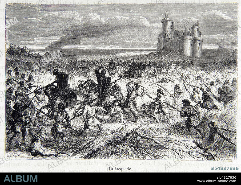 'La Jacquerie'. Revolte paysanne a l'epoque d'Etienne Marcel, mi 14eme siecle (14e, XIVe s.) Illustration par Vaumont tiree de l'Histoire de France populaire par Henri Martin (1810-1883) vers 1870. Credit : Collection Grob/KHARBINE-TAPABOR.